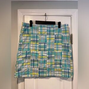 Talbots Size 14 Blue Patchwork Madras Cotton Lined Zip Up A Line Mini Skirt